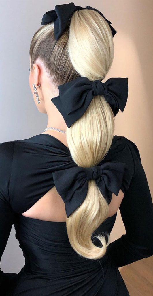 High And Low Ponytails For Any Occasion Triple Bow High Ponytail