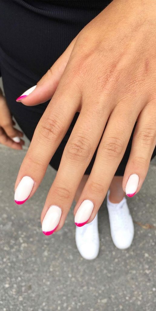 French Manicure With Color Line Asymmetric Bright Pink Tips