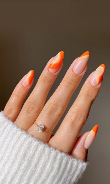 35 Cute Orange Nail Ideas To Rock In Summer Orange Tone Swirl Almond