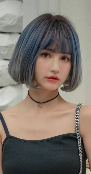 30 Cute Short Hair With Bangs Korean Style Ash Blue Bob With Bangs