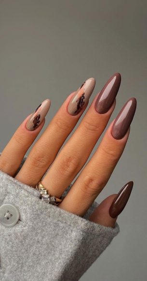 30 Gorgeous November Nail Ideas Chocolate Nude Nails With Gold Foil