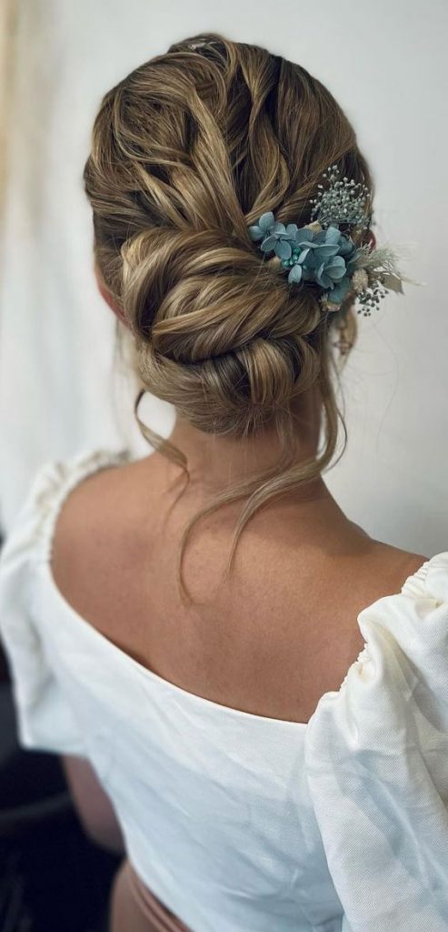 Updo Hairstyles That Re So Stylish Textured Updo With Blue Hydrangea