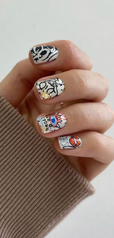 Pretty Short Nails For Spring Summer Abstract Cartoon Nails