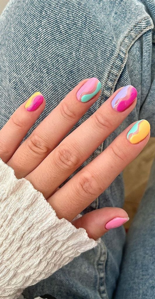 Pretty Short Nails For Spring Summer Colourful Swirl Nails