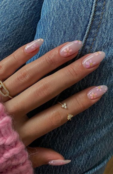 Cute Summer Nail Designs Pink Flower Sheer Nails