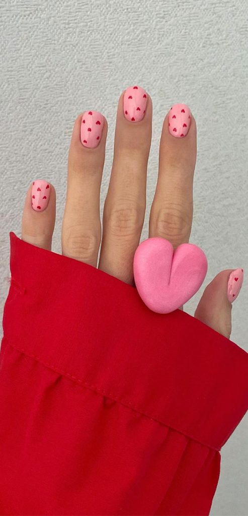 Love Inspired Nail Aesthetics Red Heart On Pink Base Nails