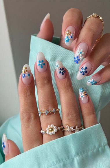 Cute Spring Nail Art Inspirations Milky Mani Blue Flowers