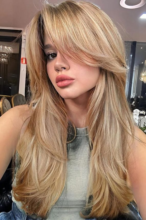 Honey Beige Blonde Long Layers With Curtain Layers Hair Colour