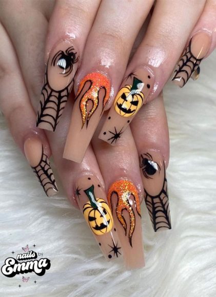 Best Halloween Nails Glitter Flame Pumpkin Spider Nude