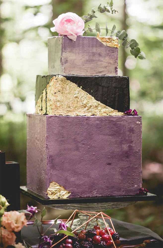 The 50 Most Beautiful Wedding Cakes – Gold leaf and purple geometric wedding cake