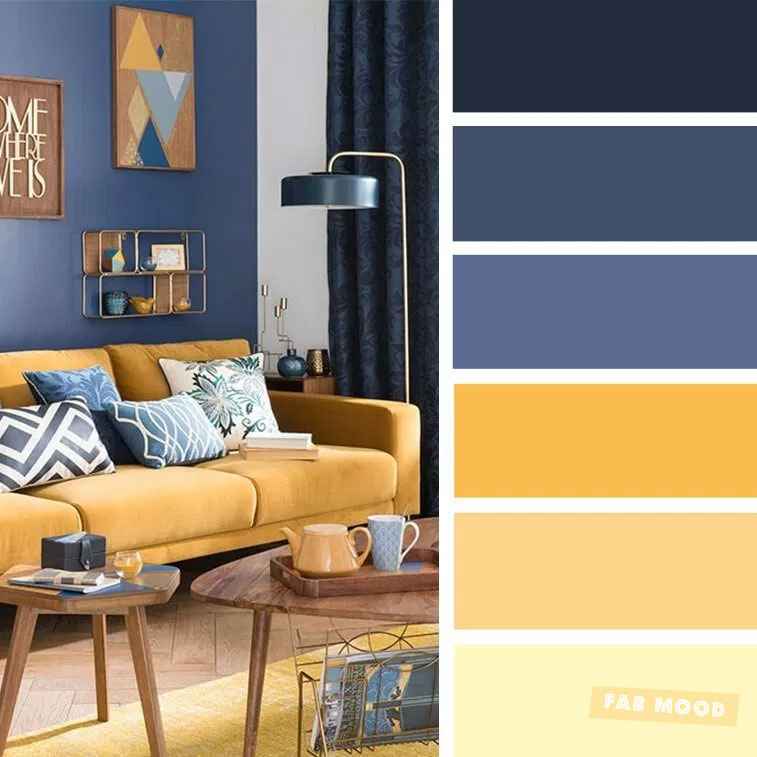 The best living room color schemes - Blue and Mustard Color Palette