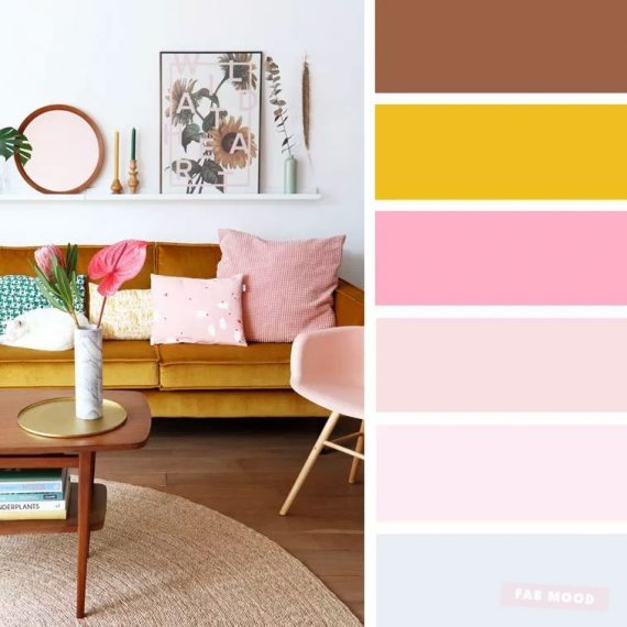 The Best Living Room Color Schemes – Grey + pink & mustard Color Palette