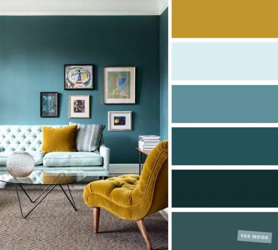 The best living room color schemes - Mustard, Teal and light blue color ...