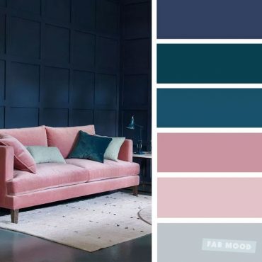 The best living room color schemes - Dark blue, teal, pink mauve