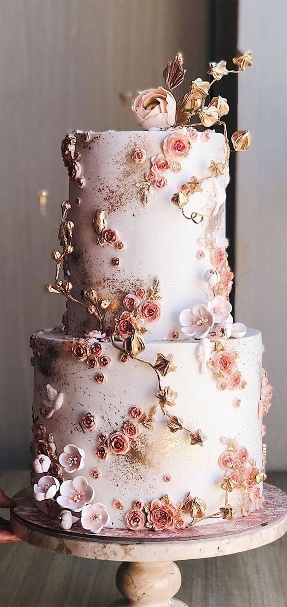 Beautiful 50+ Wedding Cakes to Suit Different Styles : Three Tier White Cake  with Gold Details