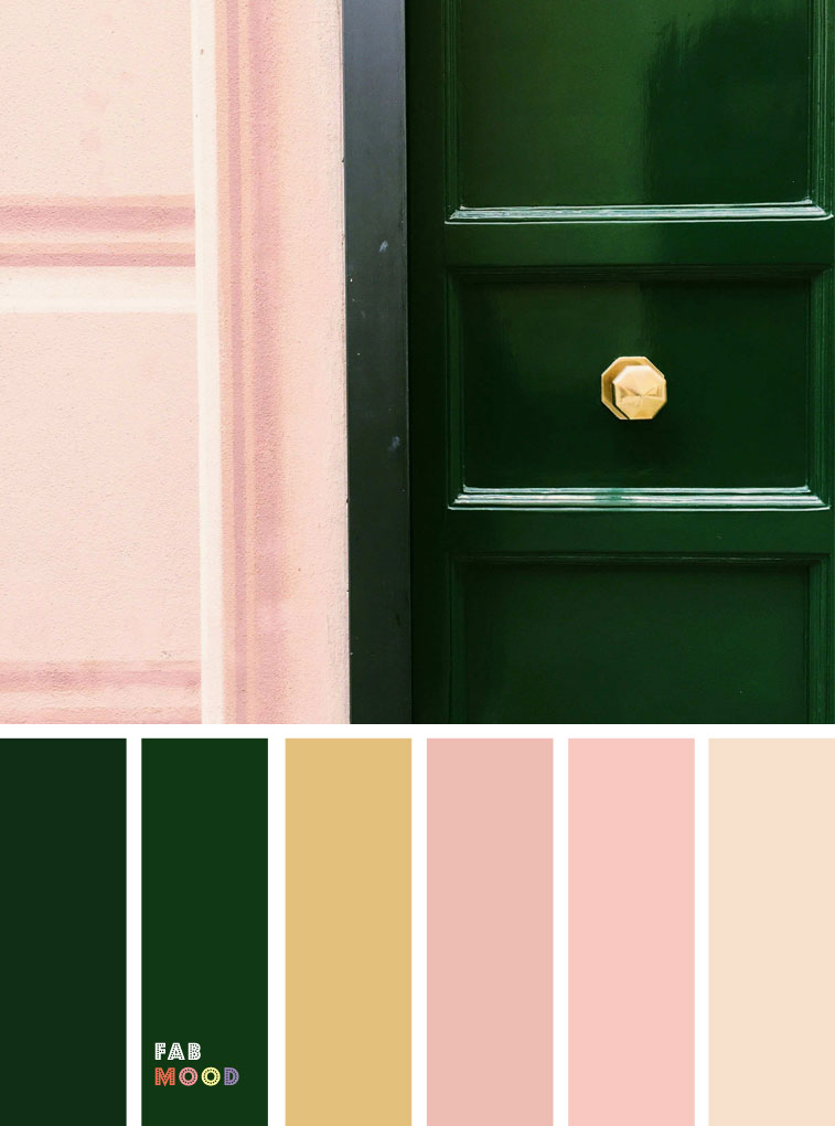 Green emerald and pink color palette with gold accents