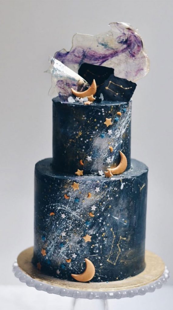 Celestial wedding cake, Moon & stars on Two tier dark blue wedding cake