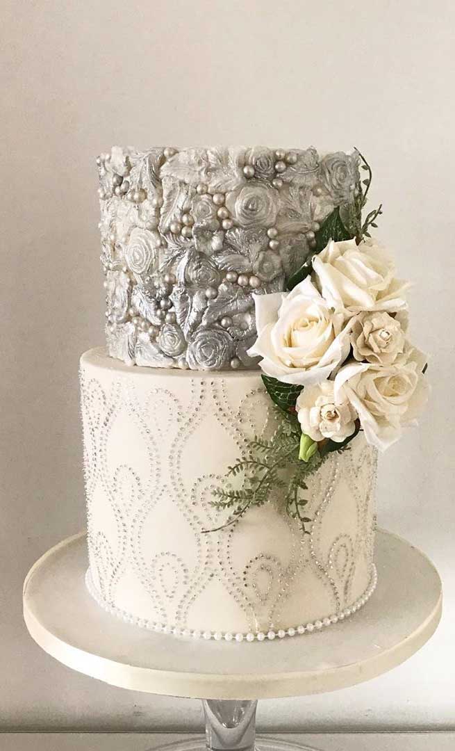 silver and white two tier wedding cake #weddingcake