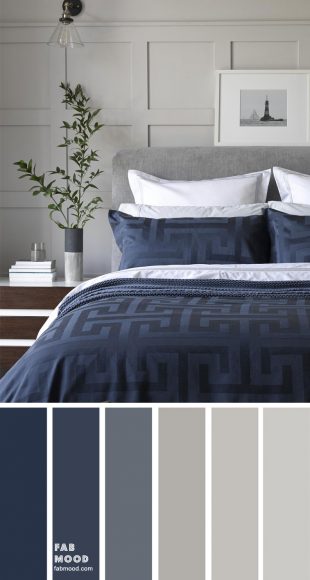 Grey and dark blue color scheme for bedroom