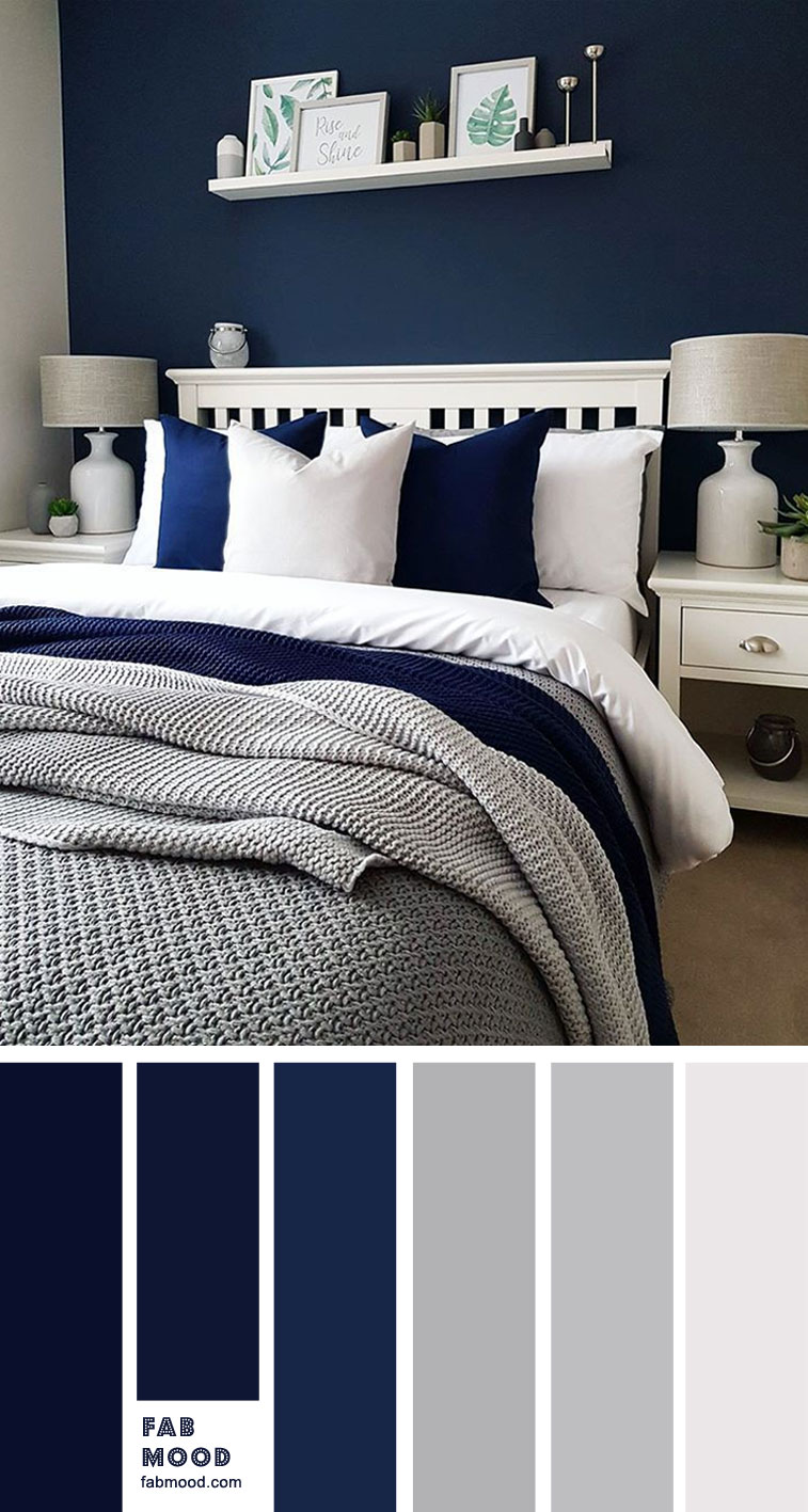 Dark blue and light grey bedroom color scheme