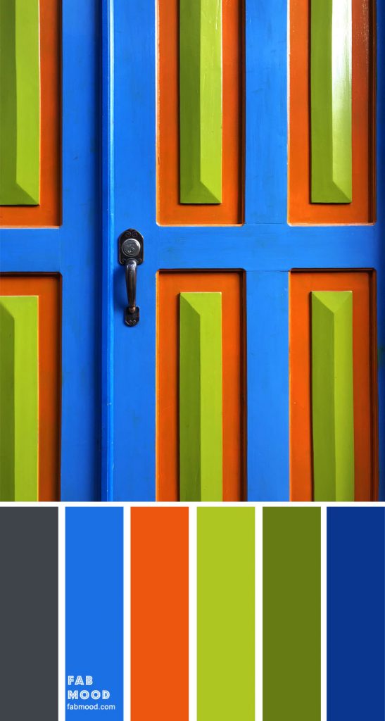 Chartreuse, bright blue , burnt orange , Metal and Cobalt blue