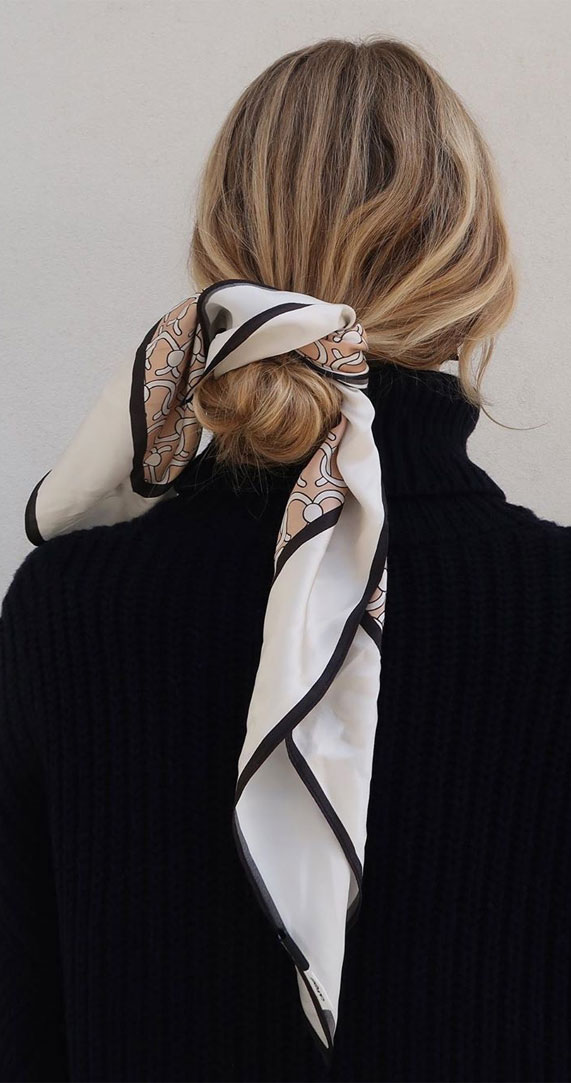 Style a low bun with a gorgeous #louisvuitton hair scarf! #hairstyle #