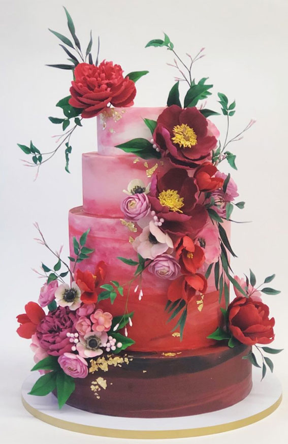 Pale pink- burgundy flowers two tiers wedding cake : r/cakedecorating