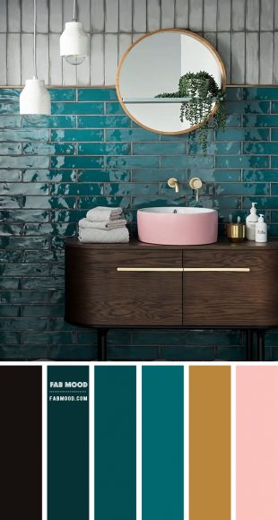 Retro Vibe Bathroom: Emerald Green, Pink, and Gold Accents