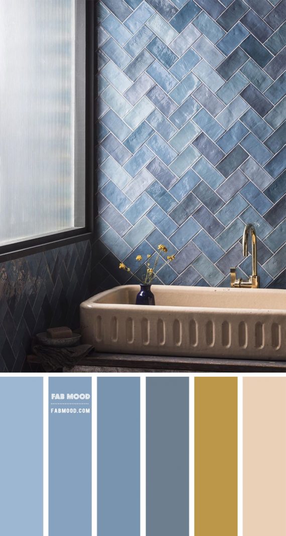 Blue grey and warm taupe color scheme for bathroom