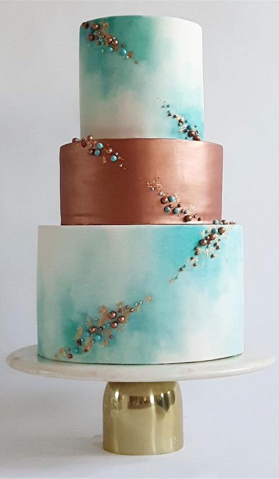 Pastel Pink And Turquoise Abstract Mini Cake With Gold Leaves