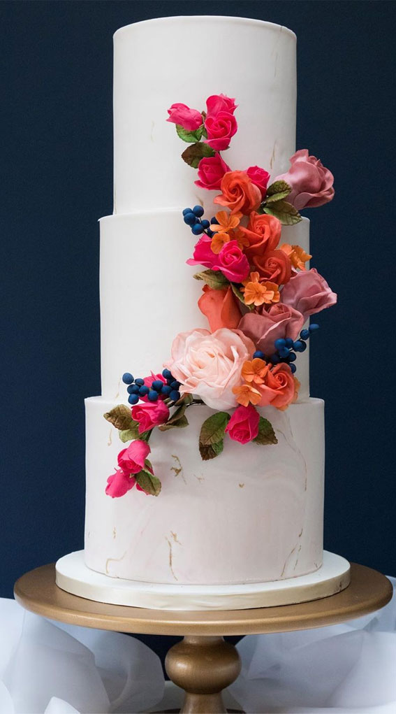 textured wedding cake with sugar flowers, colourful sugar flowers on textured wedding cake #weddingcake