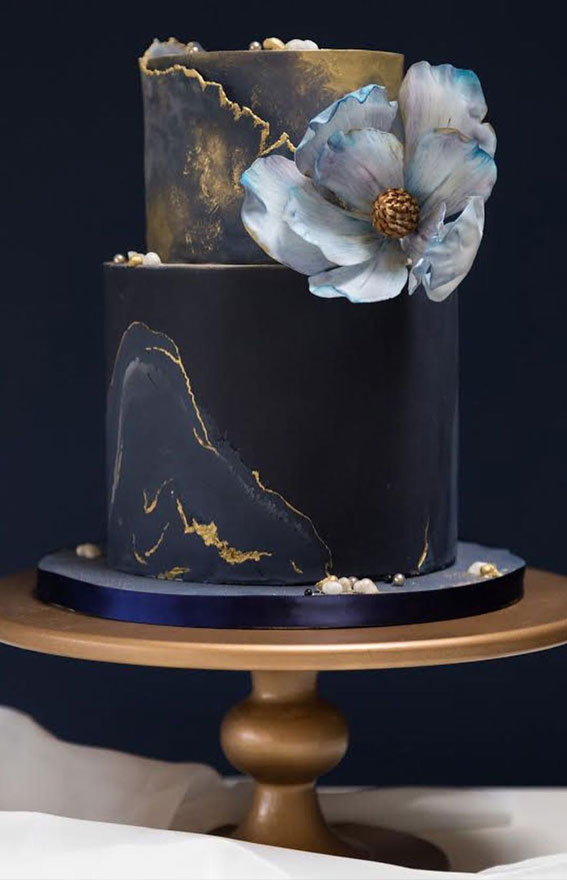 dark blue and gold marble effect wedding cake, marble wedding cake, gold and blue marble cake, two tier wedding cake, sugar flower wedding cake