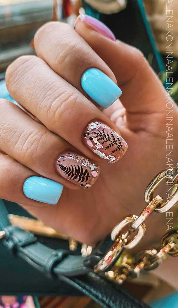 50 Cute Summer Nail Ideas For Baby Blue And Leaf