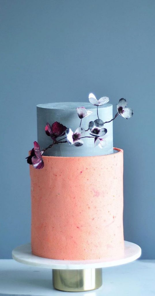 22 Clean and Contemporary Wedding Cakes : Dusty blue & peach cake