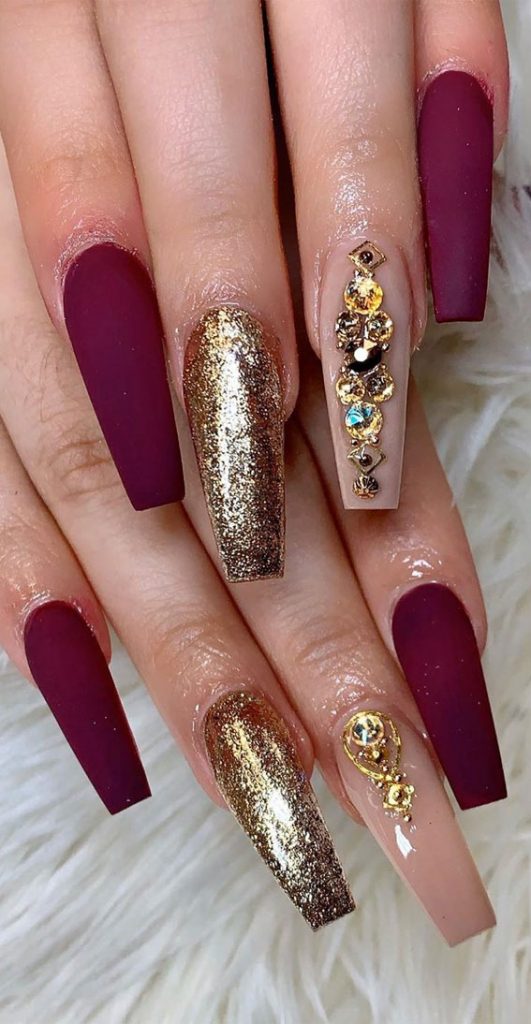 22 Trendy Fall Nail Design Ideas purple & gold nails