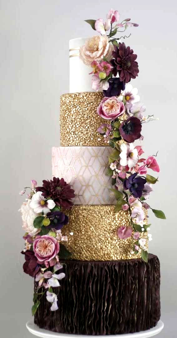 These 50 Beautiful Wedding Cake Designs You Will Be Blown Away : Ruffled purple and gold textured