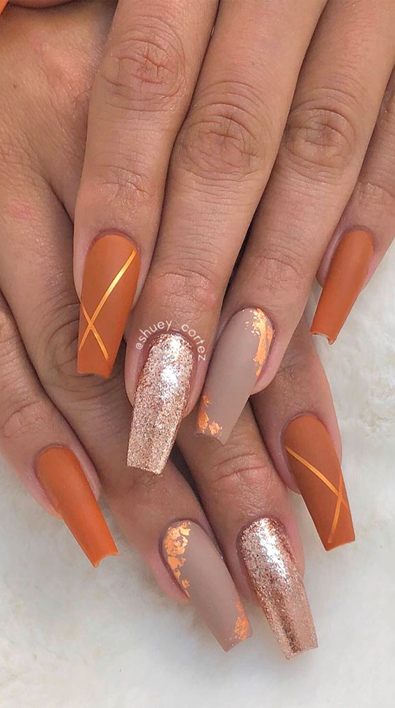 22 Trendy Fall Nail Design Ideas Burnt orange & metallic gold