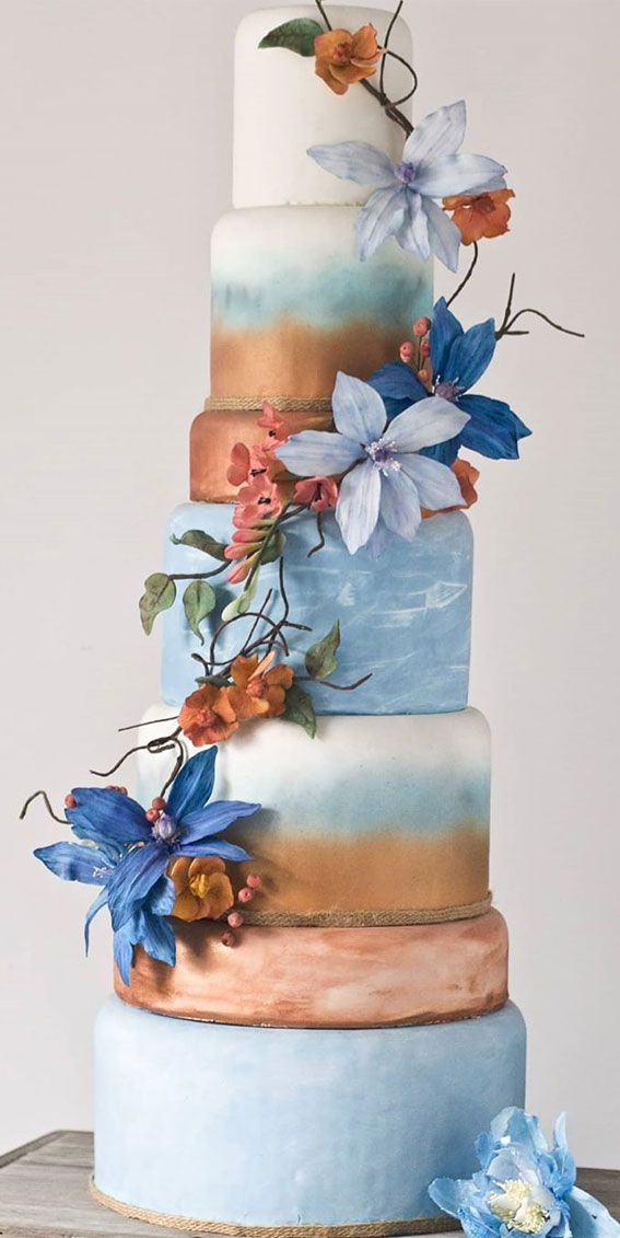 These 50 Beautiful Wedding Cake Designs You Will Be Blown Away : Ombre blue and copper wedding cake