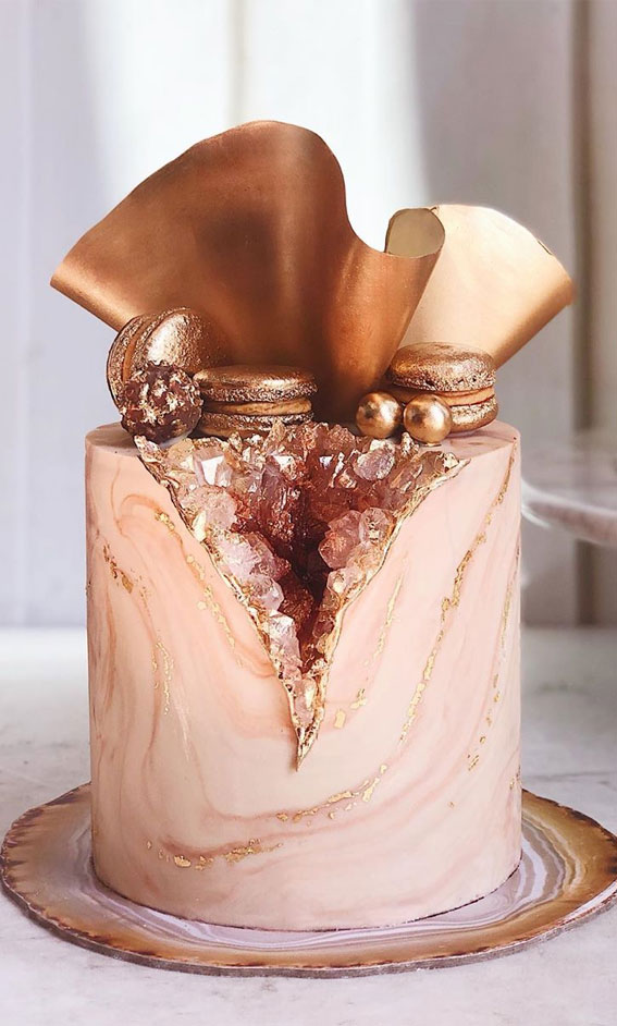 49 Cute Cake Ideas For Your Next Celebration : Pink and Gold Marble Cake Effect