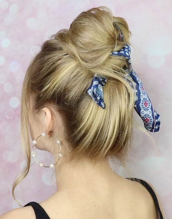 39 Pretty Ways Spice Up Your Boring Outfits With Hair Scarves – Cute High Bun