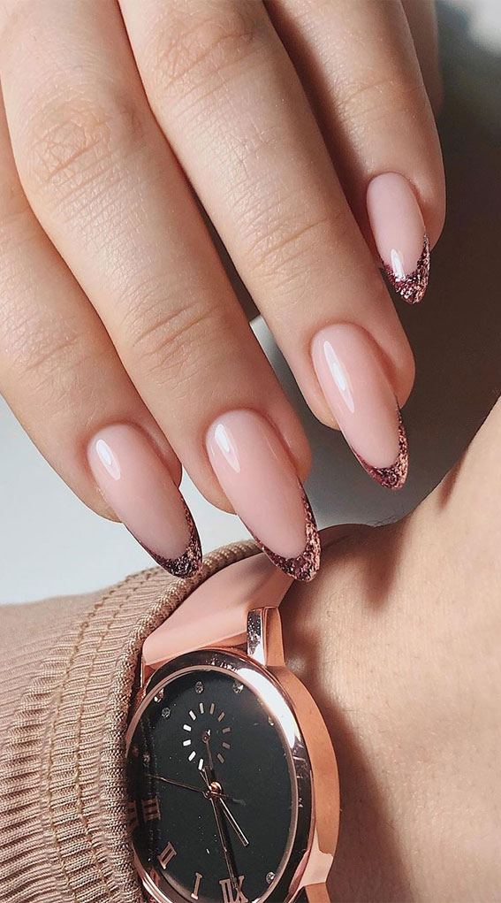 41 Pretty Nail Art Design Ideas To Jazz Up The Season : Rose gold glitter French tips