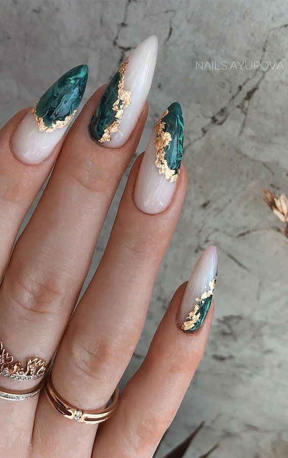 41 Pretty Nail Art Design Ideas To Jazz Up The Season : Green and Gold