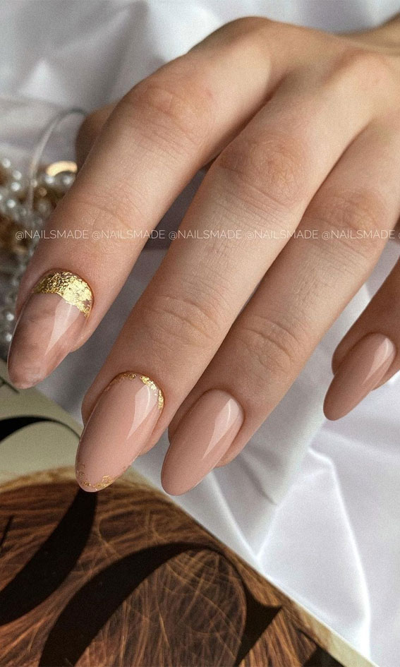 Trendy Fall Nail Designs To Wear In 2020 : Nude nails with gold foil