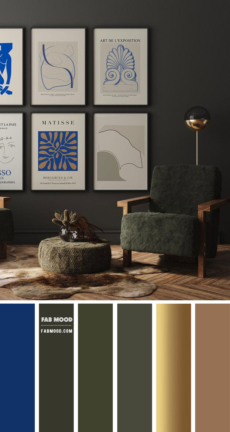 Blue + Gold Metallic + Olive Green Living Room Color Scheme