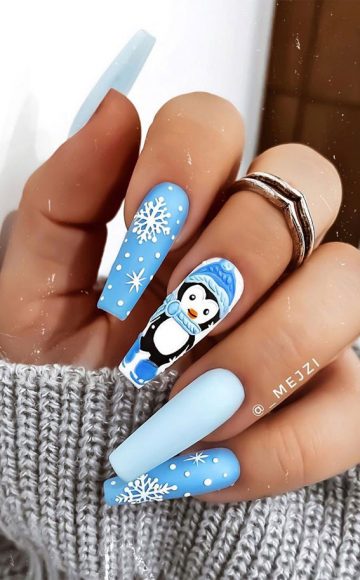 25 Christmas Nails 2020 Penguin And Snowflake Nail Art Design