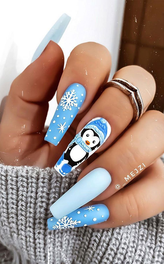 25 Christmas Nails 2020 Penguin And Snowflake Nail Art Design