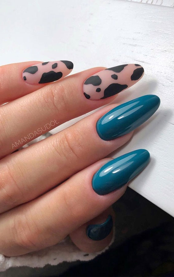 Stylish Nail Art Designs That Pretty From Every Angle : Cow print & teal nails