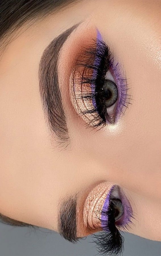 65 Pretty Eye Makeup Looks : Shimmery gold & purple eye shadow