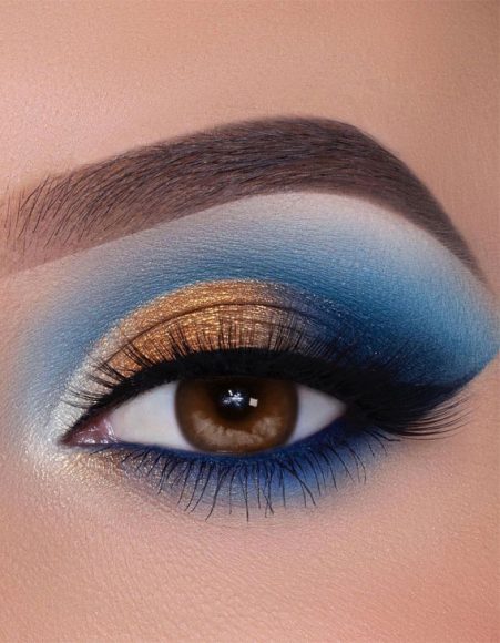 65 Pretty Eye Makeup Looks Blue And Gold Eye Shadow Look 9854