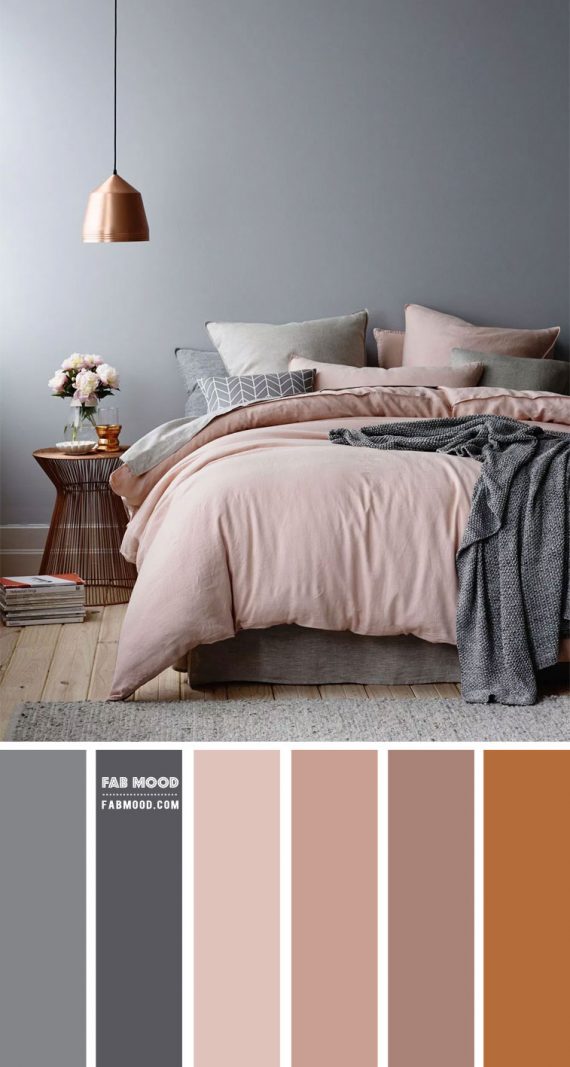 Grey And Mauve Bedroom With Copper Accent